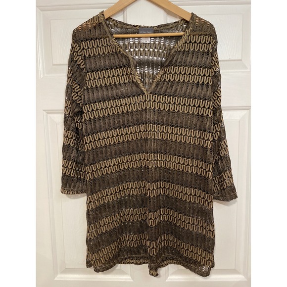 Jordan Taylor‎ Cover Up Knit Open Weave Brown Gold Tunic Top M Flared Sleeve - Picture 1 of 6